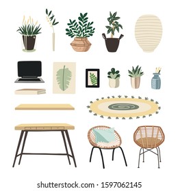 Hand painted vector table, laptop, chair and plants workplace interior illustration set on white background 