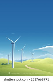 Hand painted vertical illustration of a wind turbine on a green hillside under a blue sky