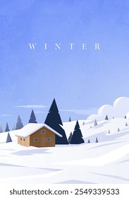 Hand painted vertical illustrations of winter scenery include snow-capped mountains and cabins