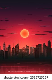 Hand painted vertical landscape illustration Halloween city red sky and moon at night