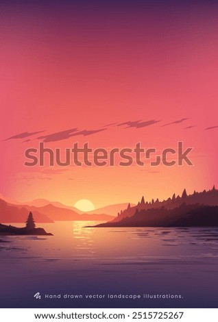 Hand painted vertical landscape illustration of mountains and sea at sunset or sunrise