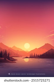 Hand painted vertical landscape illustrations of mountains and lakes at sunset or sunrise