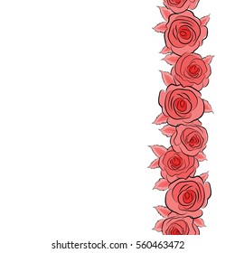 Hand painted vertical sketch with abstract rose flowers in red colors. Floral card design with copy space (place for your text). Watercolor red roses seamless pattern.