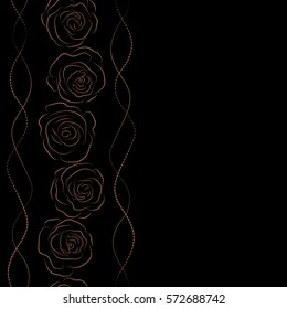 Hand painted vertical sketch with abstract rose flowers in brown and black colors. Floral card design with copy space (place for your text). Dashed brown and black roses silhouette seamless pattern.