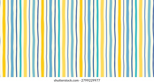 Hand painted vertical summer stripes vector seamless pattern, Yellow and blue organic uneven brushstrokes nautical background