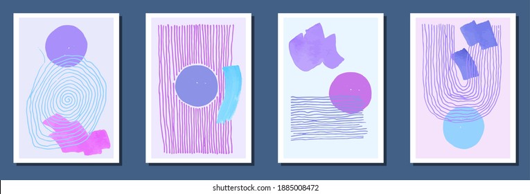 Hand painted vintage canvas vector collection. Watercolor stain shapes in purple blue colors. 20s style design. Stylish office poster layouts. Brush stroke elements.