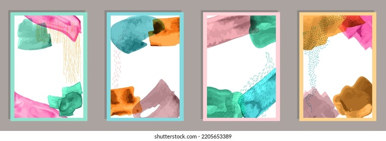 Hand painted vintage covers vector collection. Watercolor spots texture. Nordic style prints. Youth artwork templates. Doodle elements.