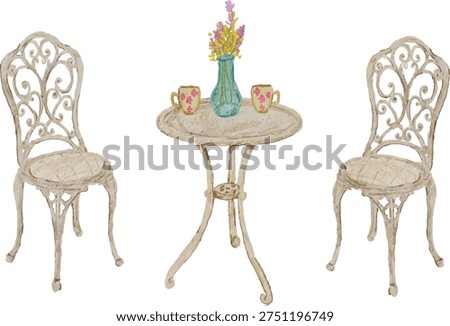 hand painted vintage table and chair with flower and mug illustration vector
