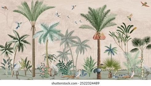  Hand painted wallpaper and fabrics, Garden Illustration, Mural Illustration, Wallpaper.