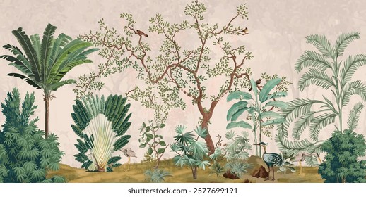 Hand painted wallpaper and fabrics, Mughal Garden, Plam Tree, Tropical Plant, Tropical Wallpaper Mural