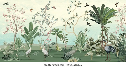 Hand painted wallpaper and fabrics, Tropical Wall Mural, Birds, Watercolor background.