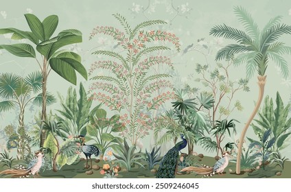 Fondo de pantalla pintado a mano y telas, murales de pared tropicales, fondo de la acuarela, pájaros, pavo real.