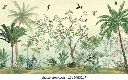 Hand painted wallpaper and fabrics, Wall Mural, Wallpaper Illustration, Watercolor Background, Birds.