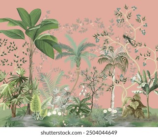 Hand painted wallpaper and fabrics, Watercolor Tree Background.