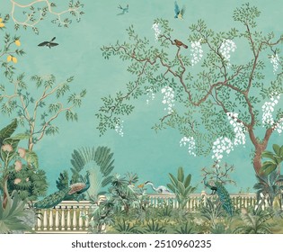  Hand painted wallpaper, Mural Painting for home Decoration, Tropical Wall Murals, Peacock, Birds.