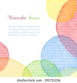 Hand painted water color circles corner frame with text. Cute decorative template. Bright colorful border panels. Great for baby shower invitation, birthday card, scrapbooking etc. Vector illustration
