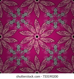 Hand painted watercolor allover seamless flowers and plants. Flowers on magenta, pink and purple colors.
