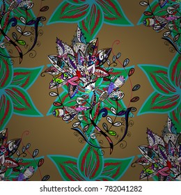Hand painted watercolor allover seamless flowers and plants. Flowers on beige, green and blue colors.