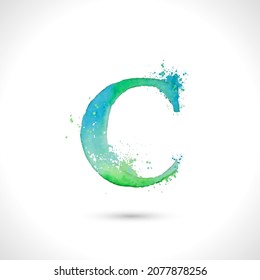 Hand painted watercolor alphabet, splash elements design, letter C