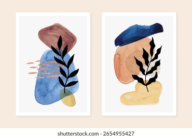 Conjunto de cartazes de arte pintados à mão. Design de pôster de arte de parede abstrata minimalista. Coberturas de meados do século com manchas de tinta aquarela e folhas.