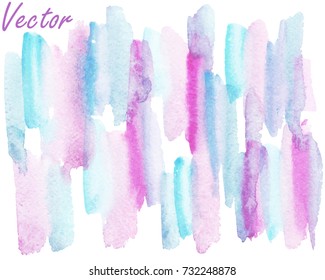 Hand painted watercolor background. Abstract texture. Spots on a white background. Isolated. Blue, pink, purple, gray. Pastel. Vector.