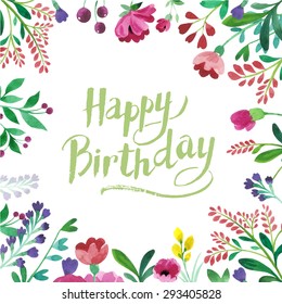 Hand Painted Watercolor Background Flower Frame.