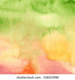 Hand painted watercolor background in spring or summer colors. Watercolor element for invitations, cards or menus. Design pattern in green, red, pink and yellow colors.