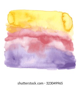 Hand painted watercolor background in violet, red, pink and yellow colors. Watercolor element for invitations, cards or menus.