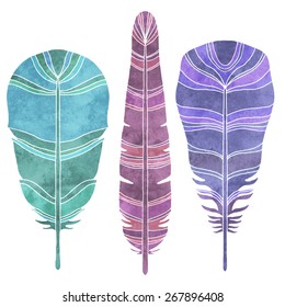 Hand painted watercolor bird feathers closeup isolated on white background set. Art scrapbook elements, vintage, tribal, sketch, hand drawn 