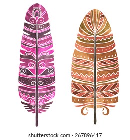 Hand painted watercolor bird feathers closeup isolated on white background set. Art scrapbook elements, vintage, tribal, sketch, hand drawn 