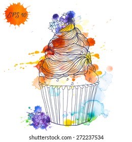 Hand painted watercolor blackberry muffin. Vector illustration. Hand drawn watercolor painting cake on white background.