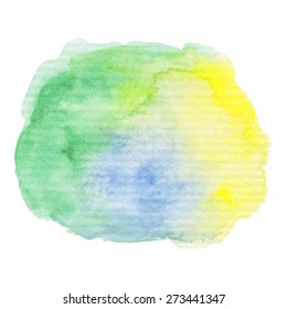 Hand painted watercolor blob. High resolution high quality. Blue green and yellow background on textured paper. Round graphic design element isolated on white. Vector illustration.