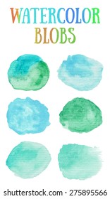 Hand painted watercolor blobs. Nautical sky blue and sea green colors. Abstract spring summer season background. Round graphic design element isolated on white. Vector illustration.