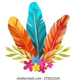 Hand painted watercolor boho bouquet, feathers, flowers, leafs closeup isolated on white background set. Art rustic design element, hand drawn