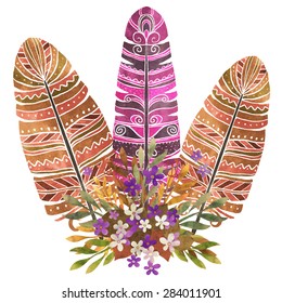 Hand painted watercolor boho bouquet, feathers, wild flowers, leafs closeup isolated on white background set. Art rustic design element, tribal art, hand drawn