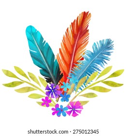 Hand painted watercolor boho posy, feathers, flowers, leafs closeup isolated on white background set. Art rustic design element, hand drawn