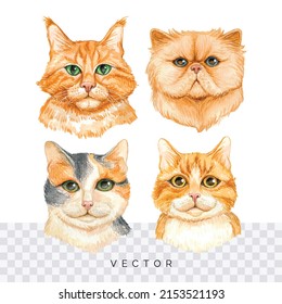 Hand painted watercolor cat portrait set