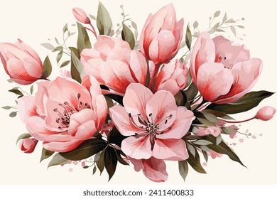 Hand painted watercolor charming combination of Flowers and Leaves, isolated on white background.