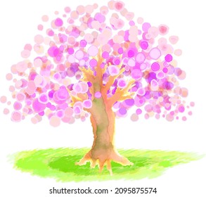 hand painted watercolor cherry blossom tree and grass illustration