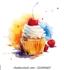 Hand painted watercolor cherry muffin. Vector illustration.