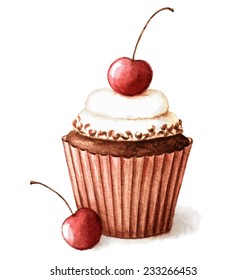 Hand painted watercolor cherry muffin. Vector illustration.