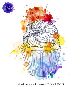 Hand painted watercolor cherry muffin. Vector illustration. Hand drawn watercolor painting cake on white background.