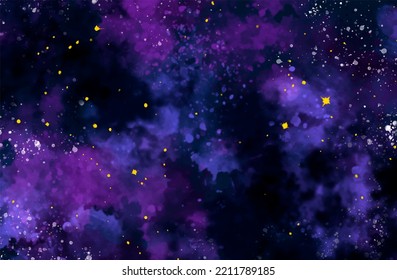 Hand painted watercolor cosmic texture with stars. Space, starry night sky, galaxy vector illustration.