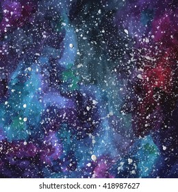 Hand painted watercolor cosmic texture with stars. Space, starry night sky, galaxy vector illustration.