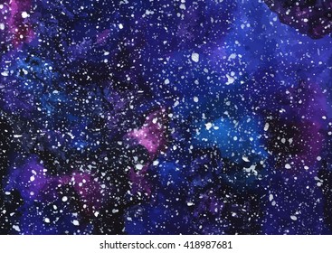 Hand painted watercolor cosmic texture with stars. Space, starry night sky, galaxy vector illustration.