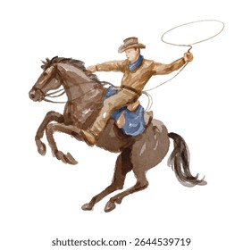 Hand painted watercolor cowboy riding horse with a lasso