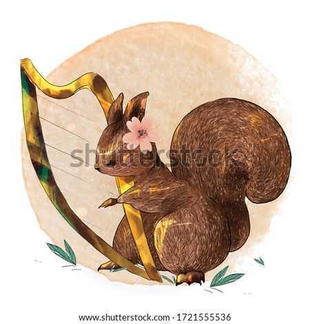 Hand painted watercolor cute animal squirrel play music on a branch with tropical flowers and leaves