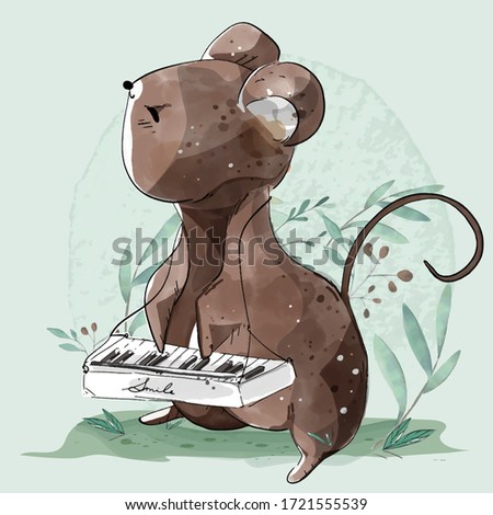 Hand painted watercolor cute animal mouse play music on a branch with tropical flowers and leaves