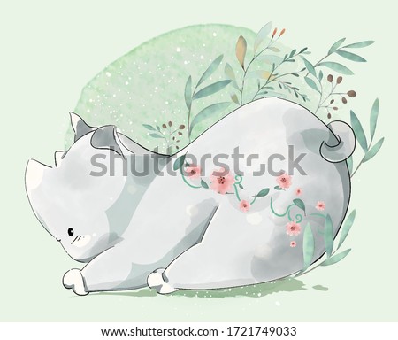 Hand painted watercolor cute animal rhino on a branch with tropical flowers and leaves