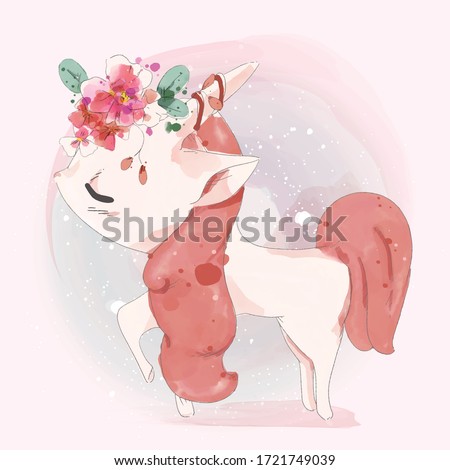 Hand painted watercolor cute animal unicorn on a branch with tropical flowers and leaves
